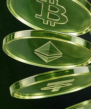 Moedas de criptomoedas em vidro verde