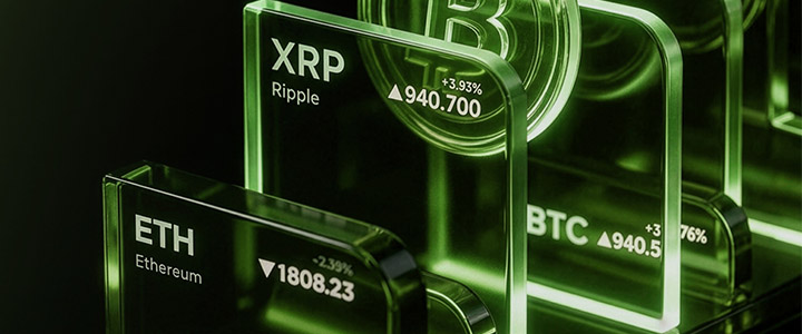 Painéis de vidro verde exibindo preços de XRP, ETH e BTC