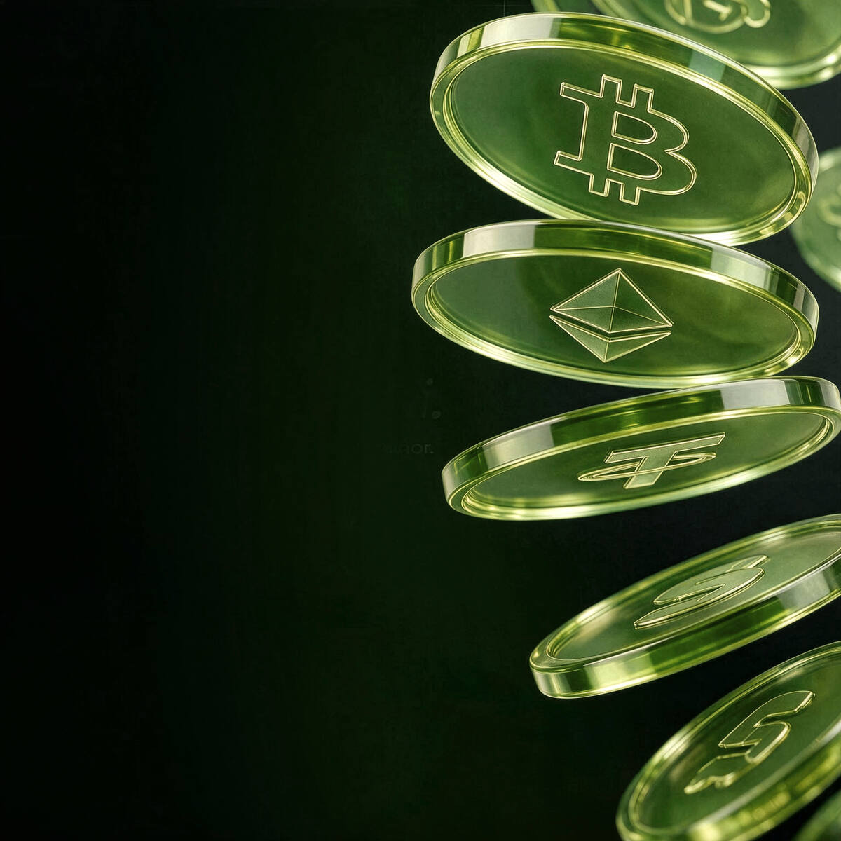 Moedas de criptomoedas em vidro verde caindo