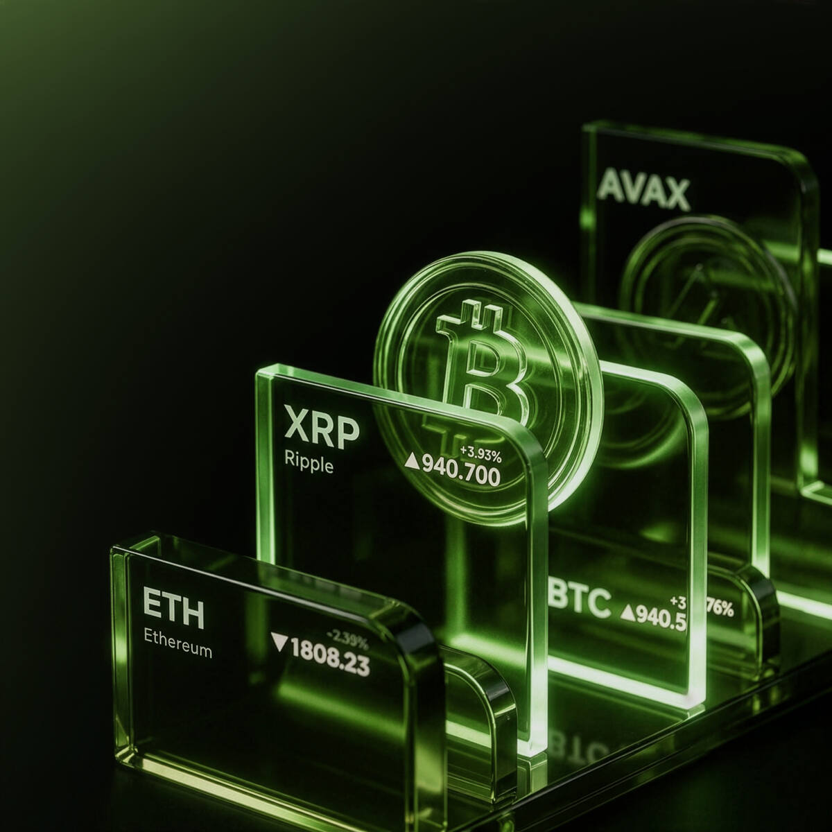 Tokens de criptomoedas em vidro verde em pé
