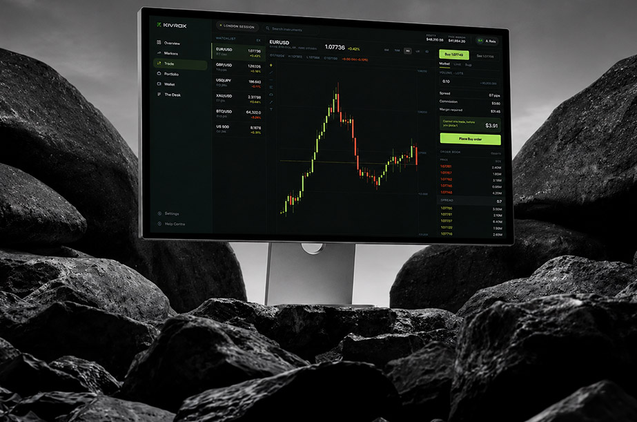 Terminal de trading Kivrox exibido em um monitor entre rochas escuras